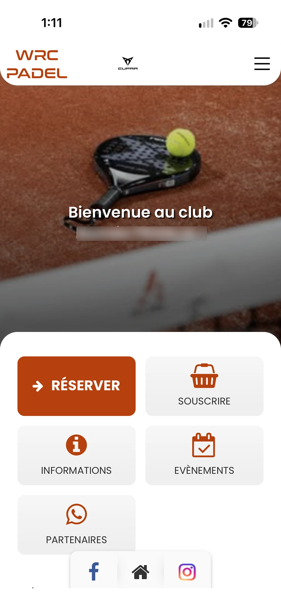 Écran de l'application WRC Padel